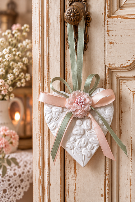 Cœur pastel suspendu – Diffuseur artisanal shabby chic pour armoire et dressing ◊Diffuseur de parfum cœur pastel en plâtre blanc suspendu à une armoire ancienne, décoré de rubans rose poudré et vert sauge avec fleur rose