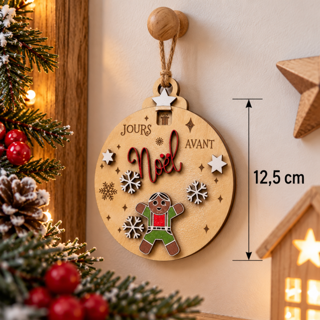 Décoration murale de Noël en bois – Diamètre 12,5 cm Petit compte à rebours de Noël en bois de 12,5 cm suspendu au mur, avec bonhomme de pain d’épices et décorations de Noël
