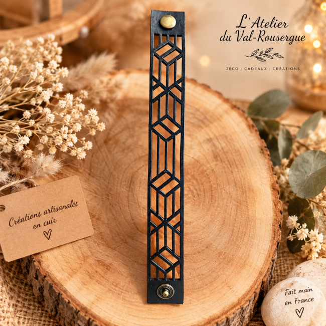 Bracelet cuir noir femme motif géométrique ajouré