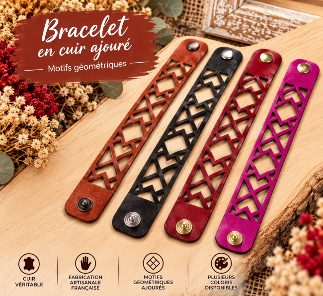 Bracelets en cuir géométriques ajourés faits main, collection noir, rouge, fuchsia et orange terracotta