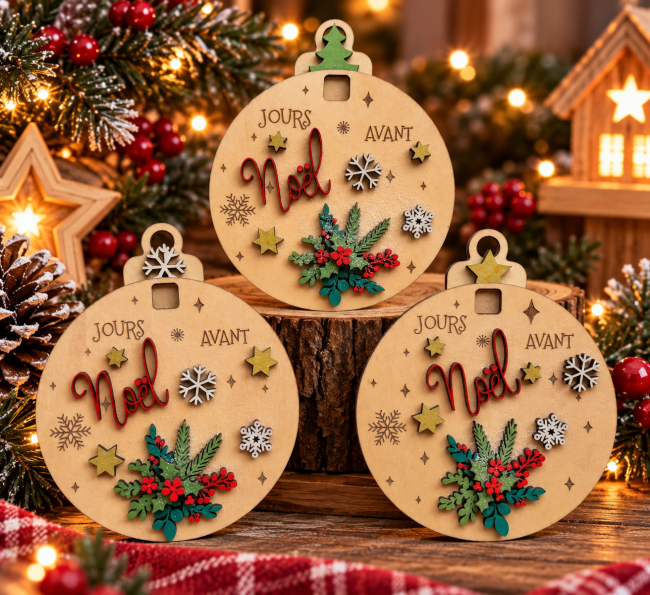 Trois comptes à rebours de Noël en bois faits main, décorés de feuillages, étoiles dorées et flocons, avec mécanismes sapin, flocon et étoile.