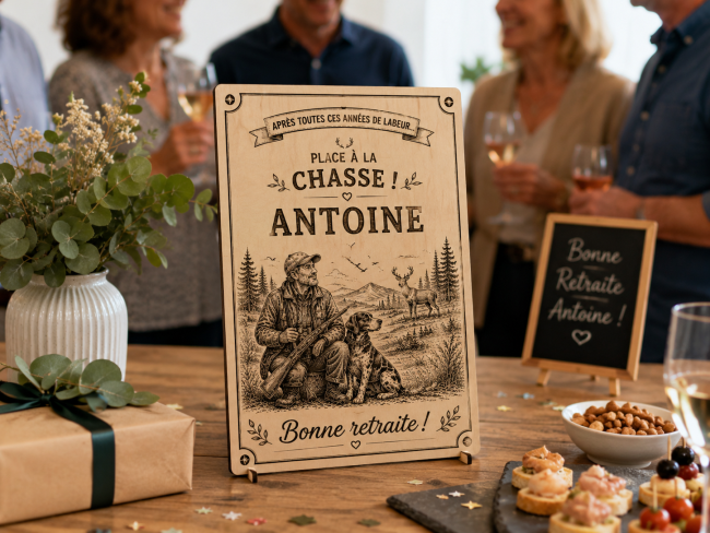Panneau retraite thème chasse personnalisé Antoine – Cadeau de départ en retraite Panneau retraite chasseur personnalisé en bois présenté sur table de réception