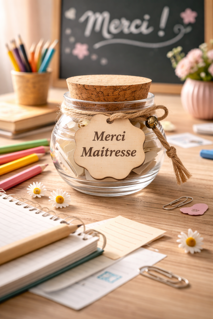 Petit pot en verre avec 30 messages de remerciement Merci Maîtresse – cadeau fin d’année scolaire original