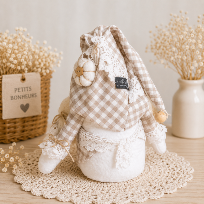 Vue arrière d'une gnome fille artisanale montrant le bonnet vichy taupe, la dentelle et les détails décoratifs cousus à la main.