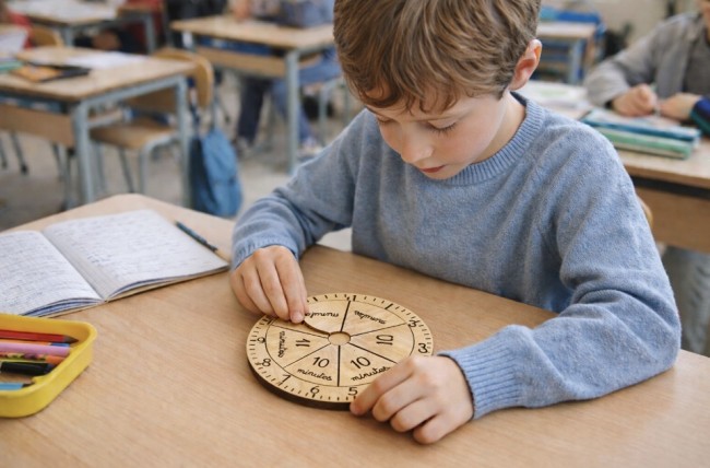 Enfant utilisant une horloge éducative en bois