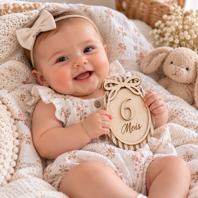 Bébé souriant avec carte étape 6 mois en bois gravé et chiffre en relief