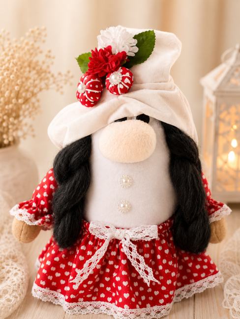 Gnome décoratif fait main rouge à cœurs vue de face création artisanale
