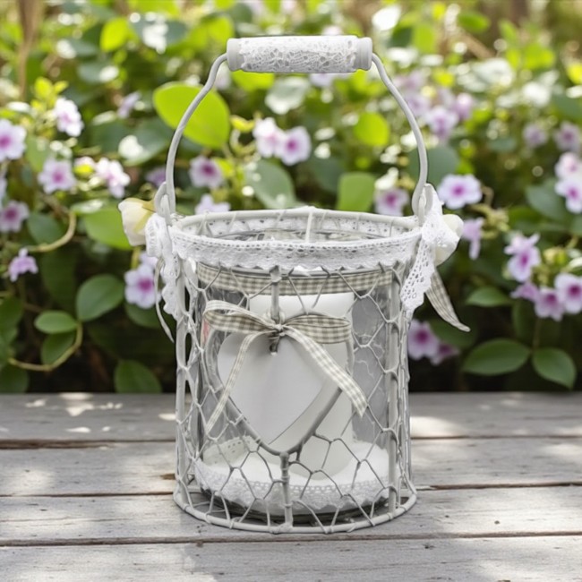 Lanterne taupe shabby chic avec verre orné de ruban vichy