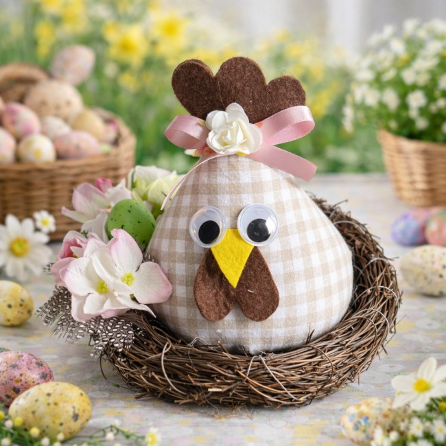 Poule décorative de Pâques en tissu dans un nid avec fleurs printanières