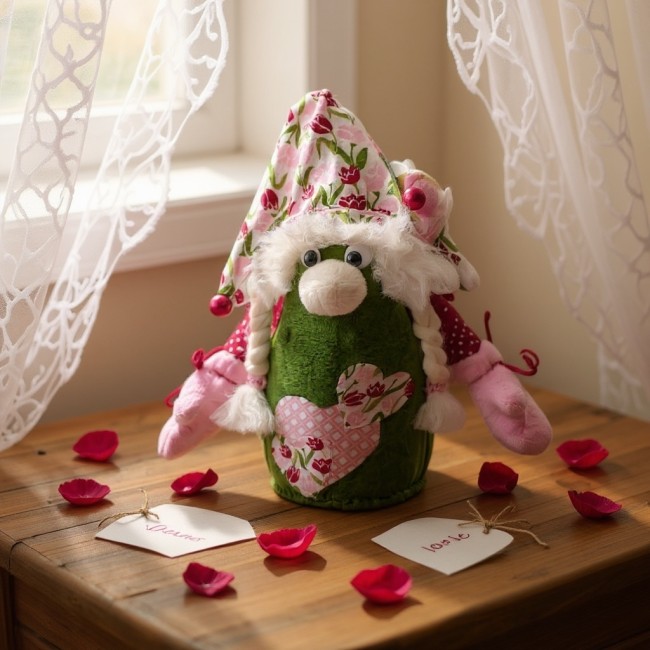 gnome décoratif fait main dans décor romantique avec cœurs
