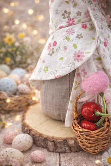 détail panier miniature cerises gnome de Pâques fait main tissu floral