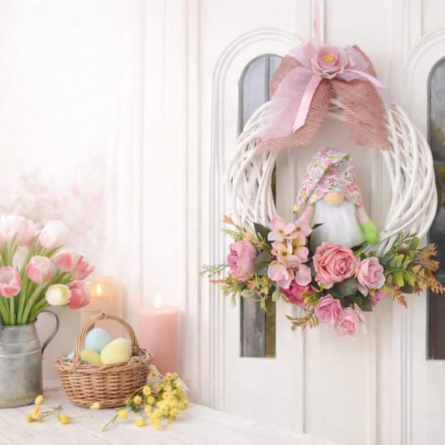 Gros plan sur gnome artisanal au chapeau fleuri rose dans couronne florale blanche, décorée de roses et feuillage vert, ambiance douce de printemps.