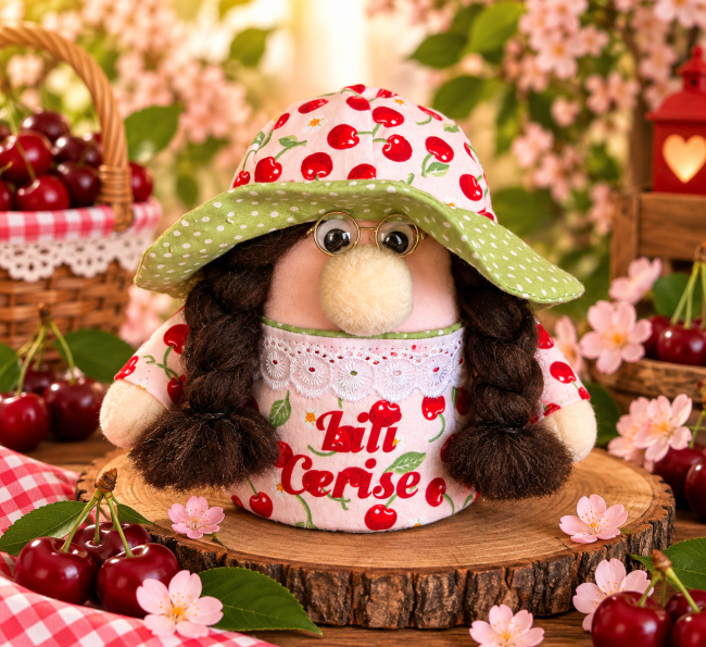 Détails de Lili Cerise Détail gnome Lili Cerise tissu rose cerises et chapeau vert