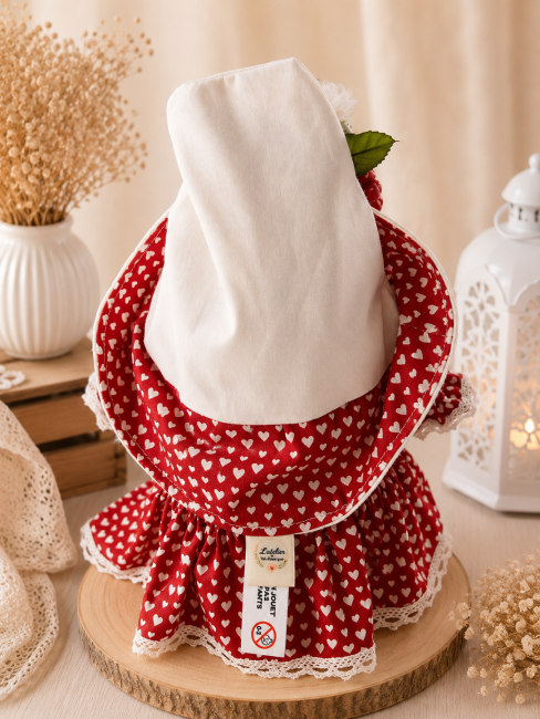 Dos du gnome décoratif fait main robe rouge à motifs cœurs