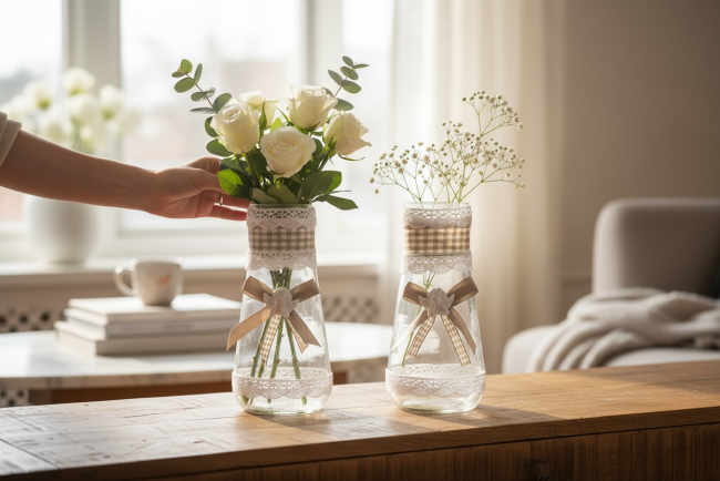 Vase taupe et blanc avec fleurs – décoration d’intérieur chic Vase esprit campagne sur une table avec fleurs fraîches