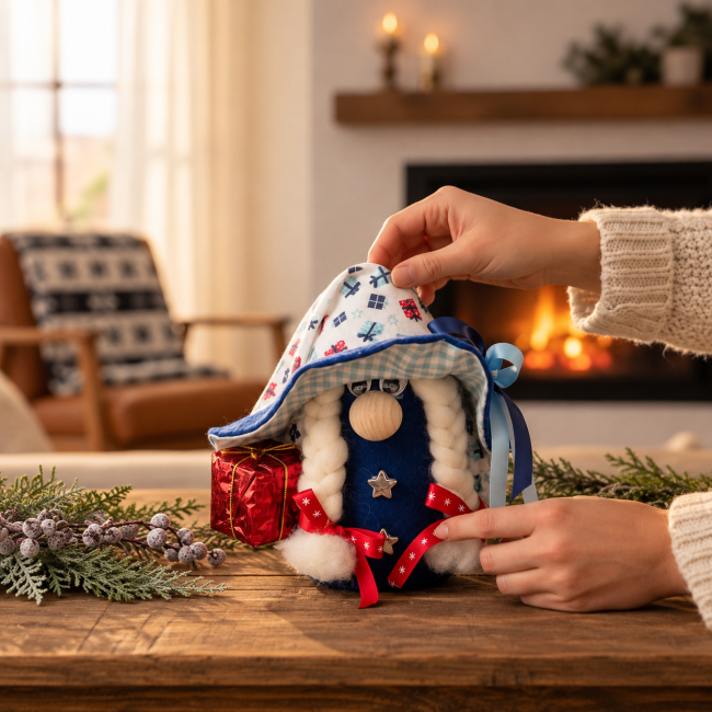 Lutine de Noël bleu et rouge avec tresses blanches, présentée sur une table en bois devant une cheminée, dans une ambiance chaleureuse. Lutine de Noël fait main – Décoration scandinave