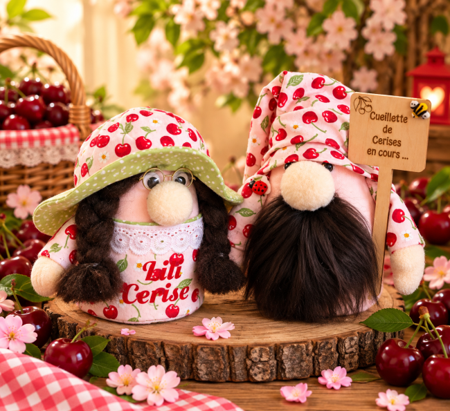 Couple Lili et Monsieur Cerise Couple de gnomes cerise décoratifs faits main