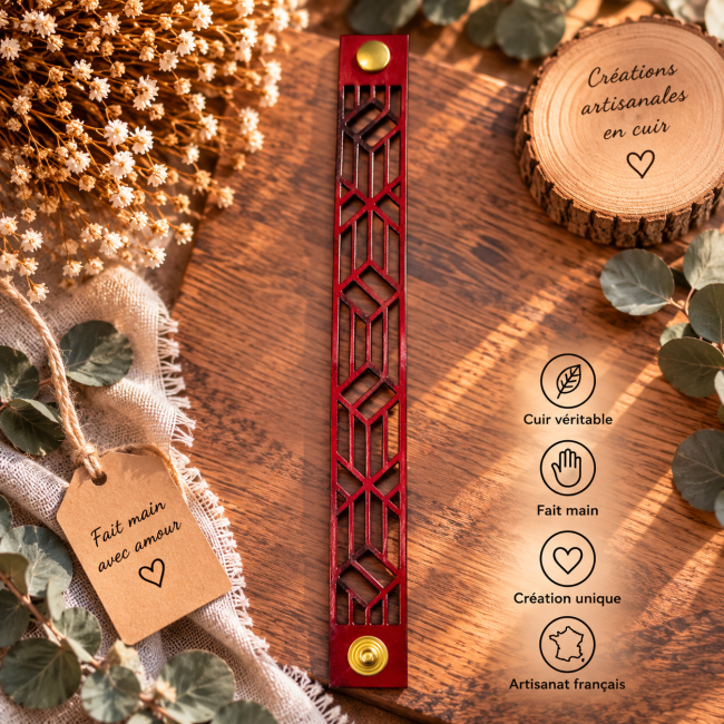 Bracelet cuir rouge mixte géométrique fait main