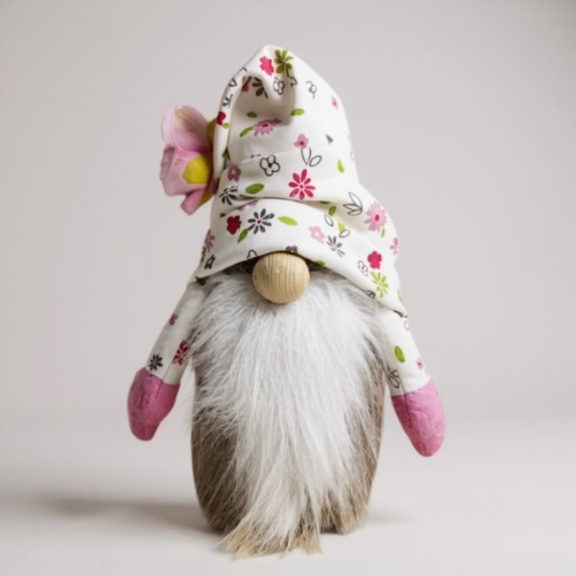 figurine gnome taupe et rose décoration printemps artisanale