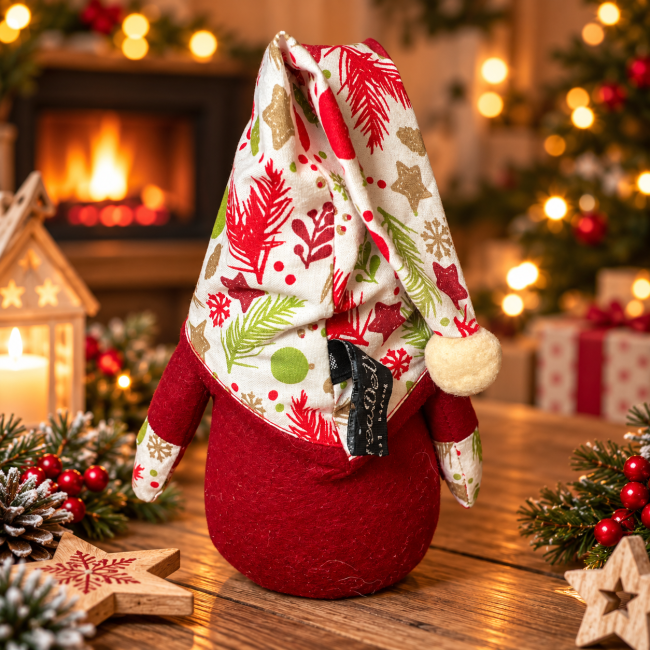 Gnome de Noël artisanal – vue arrière du bonnet imprimé