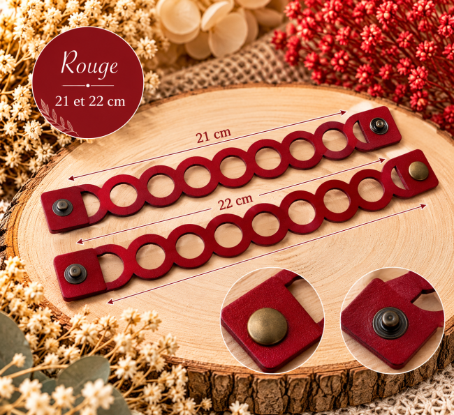Bracelets femme en cuir rouge à anneaux ajourés, deux longueurs 21 et 22 cm