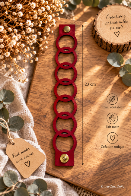 Bracelet artisanal en cuir rouge D2811B1C-724D-47B0-9280-33948ED8A741 Bracelet manchette femme cuir véritable rouge 23 cm