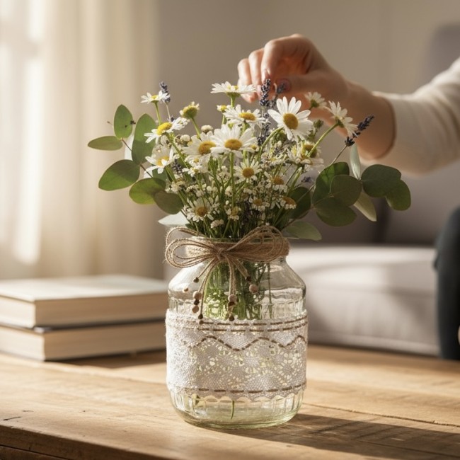 Idée déco champêtre – vase en dentelle et jute sur table rustique décoration de table champêtre avec grand vase L’Atelier du Val-Rousergue