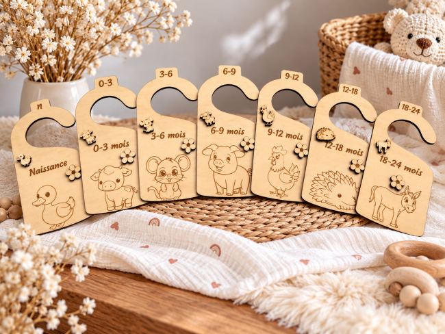 Séparateurs vêtements bébé en bois – Lot de 7 Lot de 7 séparateurs de penderie bébé en bois gravé avec animaux de la ferme