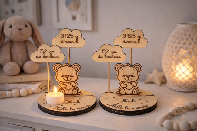 Cadeau artisanal bois prénom bébé gravé