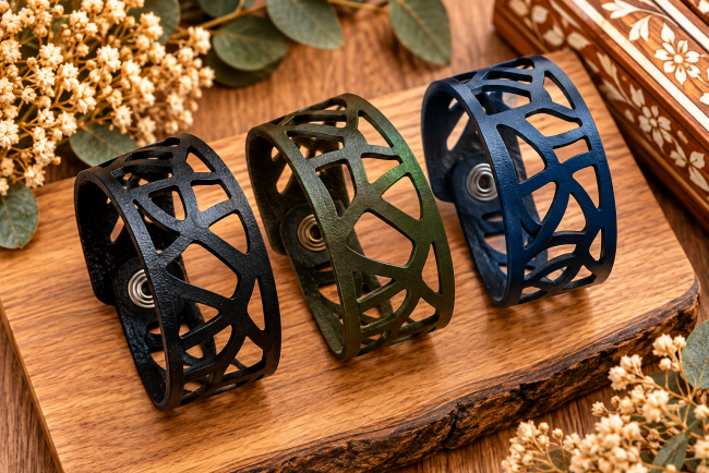 Bracelets manchette homme en cuir – Noir, kaki et bleu Trois bracelets manchette homme en cuir véritable noir kaki et bleu avec motif abstrait ajouré, création artisanale française