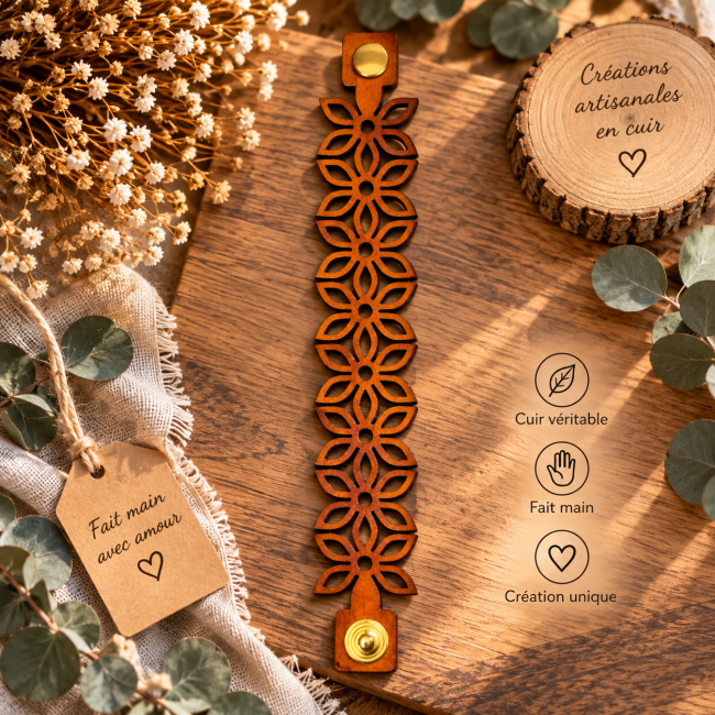 Bracelet fleur en cuir véritable fauve Bracelet manchette cuir fauve femme motif floral ajouré