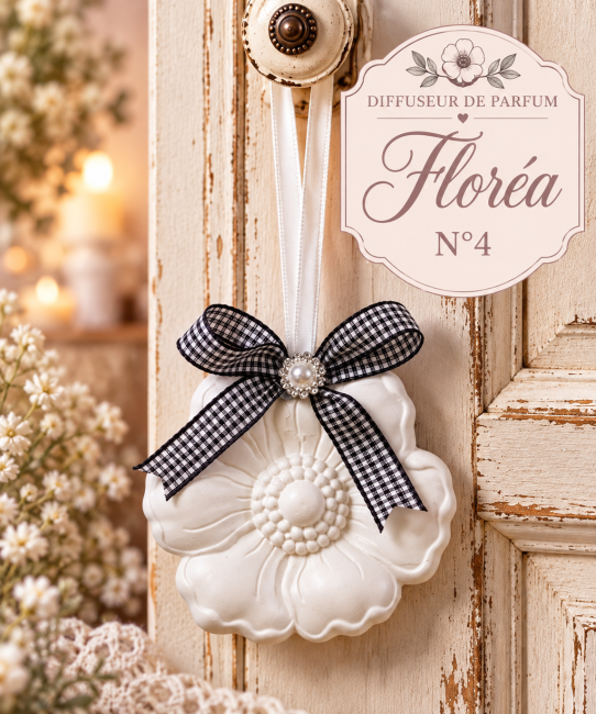 Diffuseur en plâtre Floréa en forme de fleur blanche, décoré d'un ruban vichy noir et blanc, suspendu à une porte ancienne. Diffuseur Floréa – Fleur décorative à suspendre