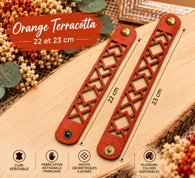 Bracelets en cuir orange terracotta 22 et 23 cm, découpes géométriques ajourées, création artisanale française