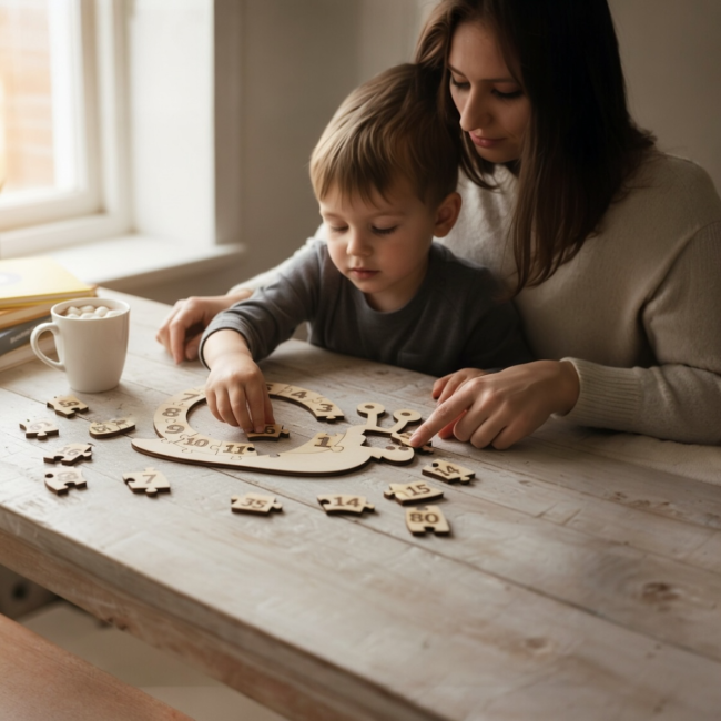 Enfant jouant au puzzle escargot avec sa maman – jouet Montessori en bois