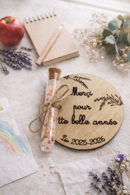 idee cadeau maitresse naturel tube sel rose  et médaille bois