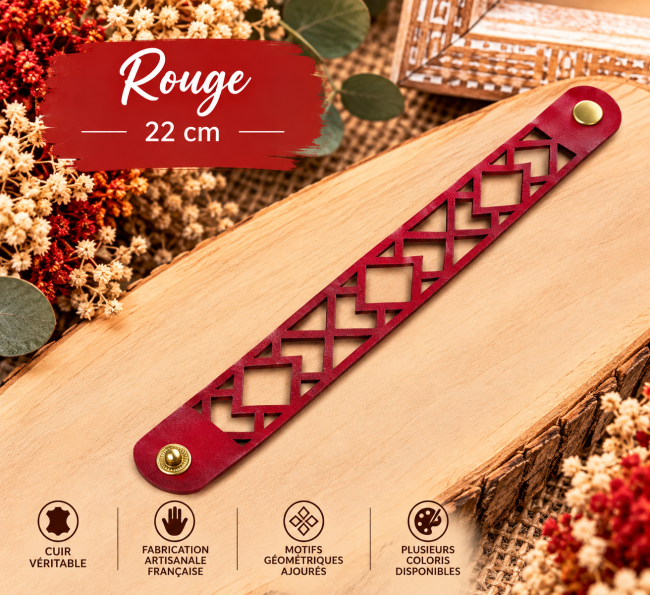 Bracelet en cuir rouge 22 cm à motifs géométriques entrelacés et ajourés, bijou artisanal pour femme