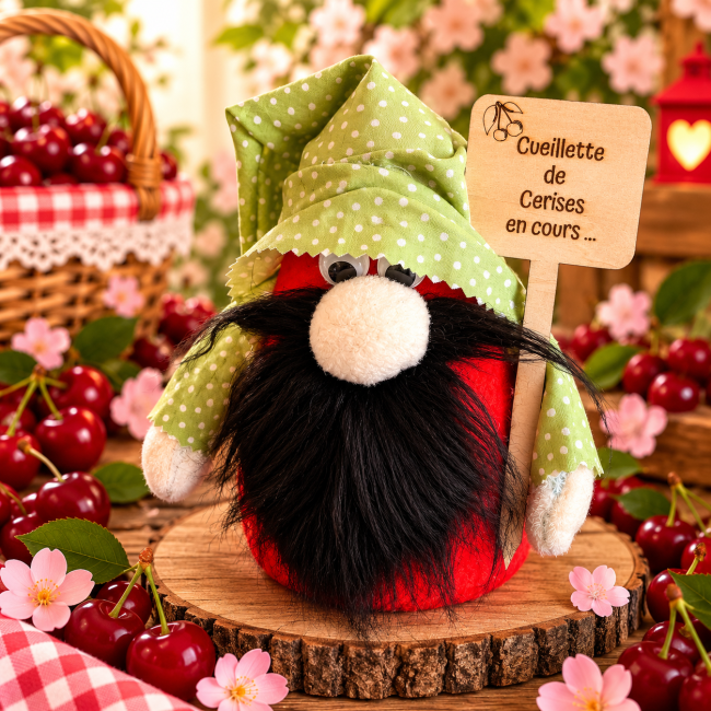 Monsieur Cerise – gnome artisanal avec panneau Gnome Monsieur Cerise fait main avec panneau en bois