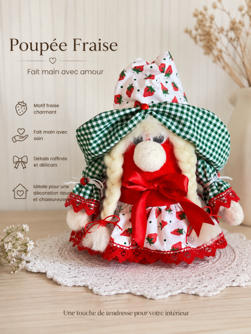 poupee-fraise-deco-artisanale-vue-face Poupée décorative sur le thème de la fraise réalisée à la main, vue de face avec robe imprimée fraises et chapeau vichy vert.