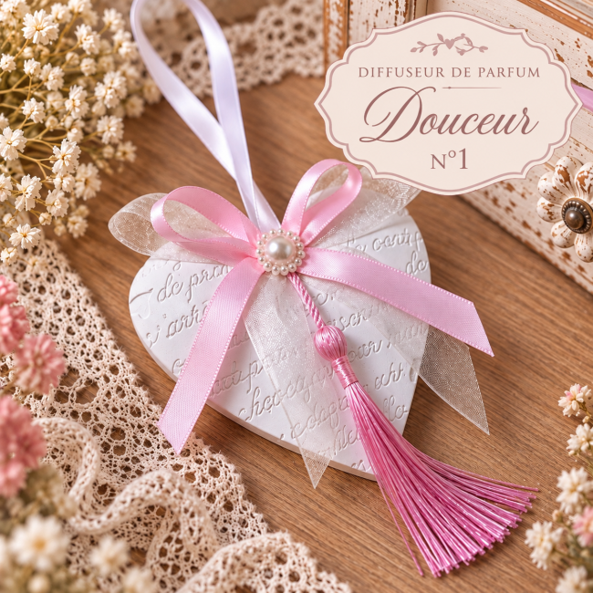 Diffuseur de parfum en plâtre blanc en forme de cœur, avec ruban rose, perle et pompon rose, posé sur une table en bois. Diffuseur en plâtre Douceur – Cœur romantique rose