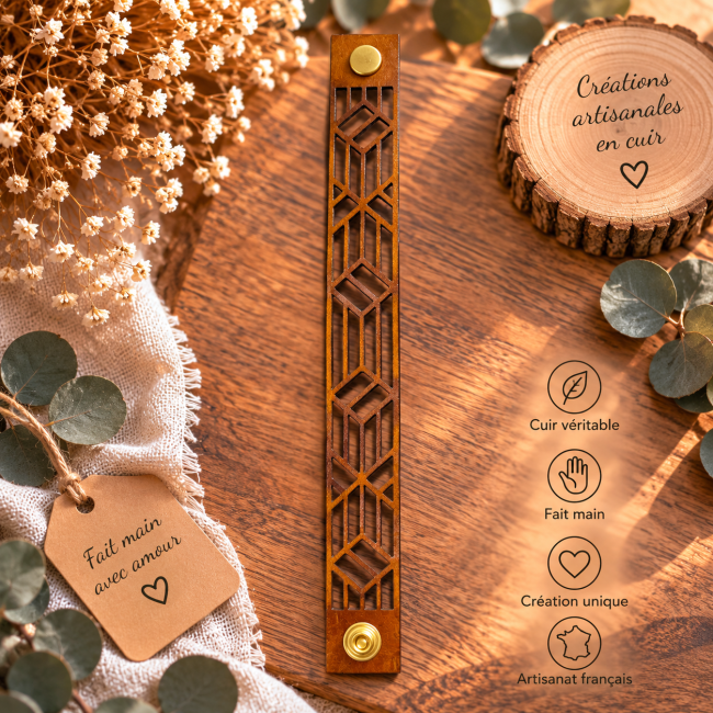 Bracelet cuir caramel femme motif géométrique ajouré