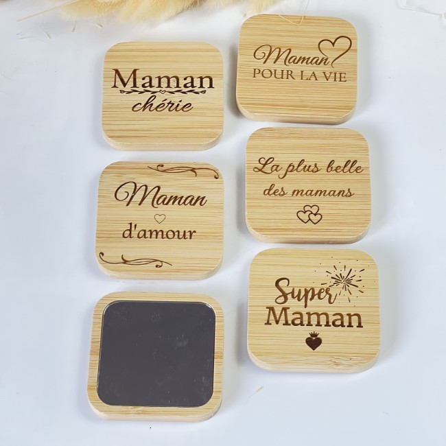 miroir de poche en bambou gravé pour maman modèles carrés maman chérie maman pour la vie super maman
