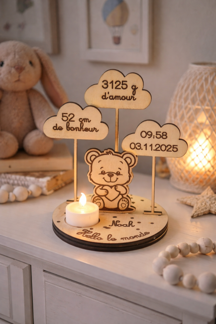 Cadeau naissance bois LED ourson prénom 
