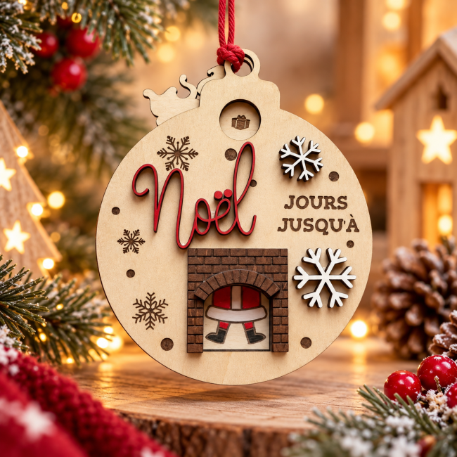 Compte à rebours Noël en bois – Traîneau et Père Noël dans la cheminée