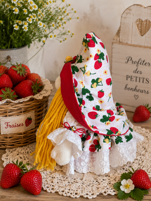 Profil du gnome fraise fait main création française. Vue de profil d’un gnome fraise artisanal avec bonnet imprimé fraises et cheveux jaunes.