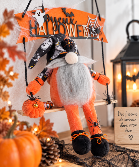 Gnome Halloween artisanal – décoration automne Halloween Gnome Halloween sur balançoire avec citrouilles et décoration automnale