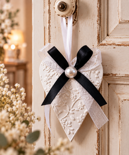 Cœur diffuseur de parfum en plâtre Élégance, avec rubans noirs et blancs et perle centrale, suspendu à une porte vintage. Diffuseur Élégance – Décoration parfumée pour armoire