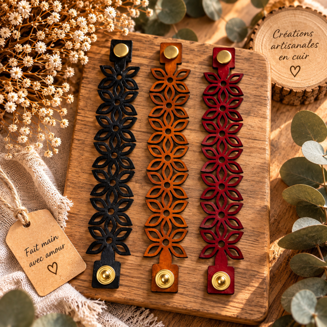 Bracelet floral en cuir véritable – 3 coloris Bracelets manchette cuir femme motif floral fauve noir rouge