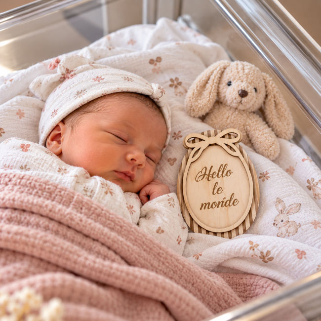 Nouveau-né dans son berceau avec plaque étape naissance Hello le monde en bois