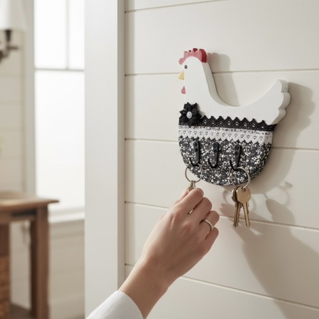 Porte clés mural artisanal en bois et tissu Porte clés mural en bois peint et dentelle de coton