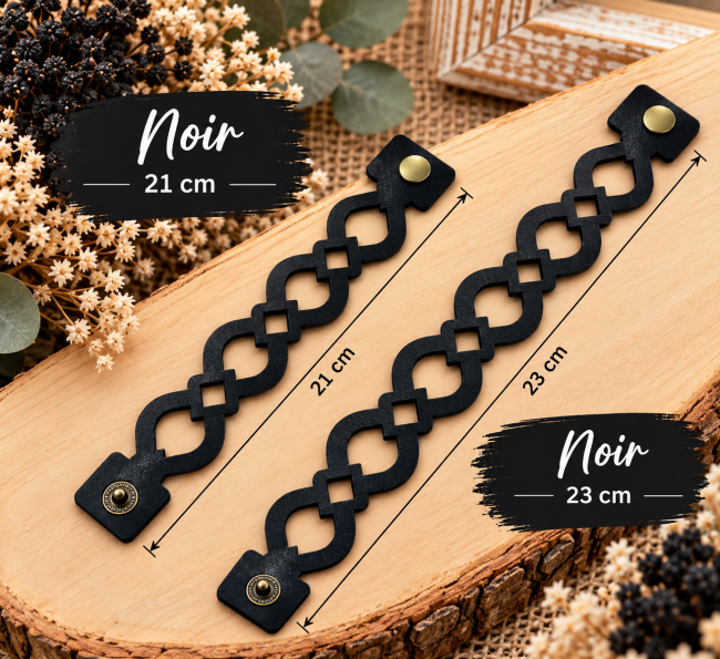 Bracelets en cuir ajouré noir de 21 et 23 cm aux motifs géométriques, fabrication artisanale française
